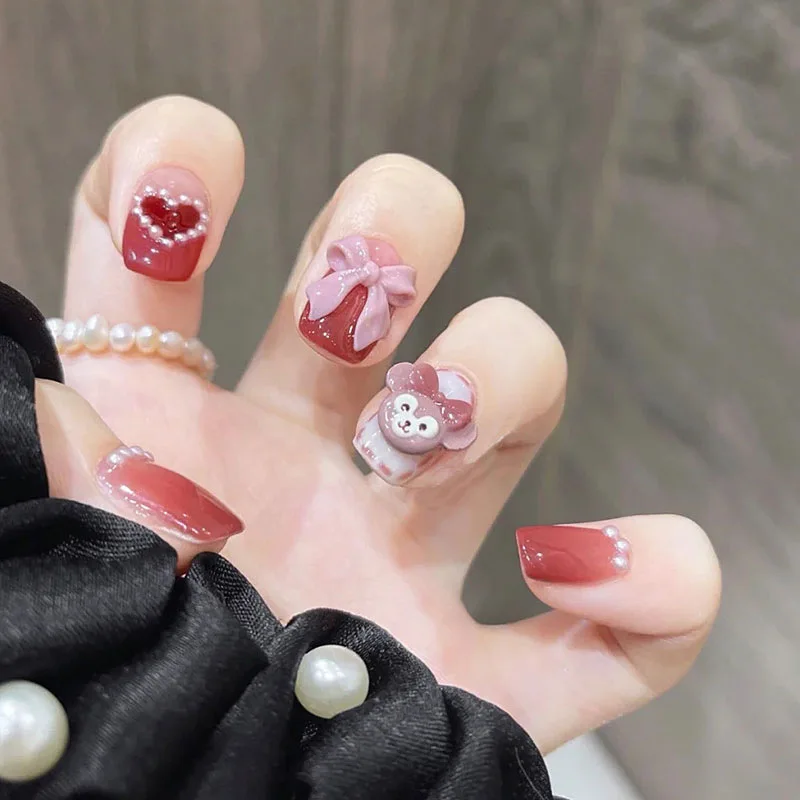 

24PCS Bow Pearl Nail Patch French Style Glue Type Removable Short Paragraph Manicure Save Time False Nail Patch TO