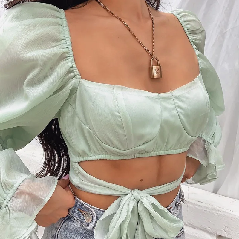

2021 Square Collar Fashion Flare Sleeve Chiffon Summer Backless Lace Up Crop Top Blusas Mujer Tops Clothing Womens Clothing