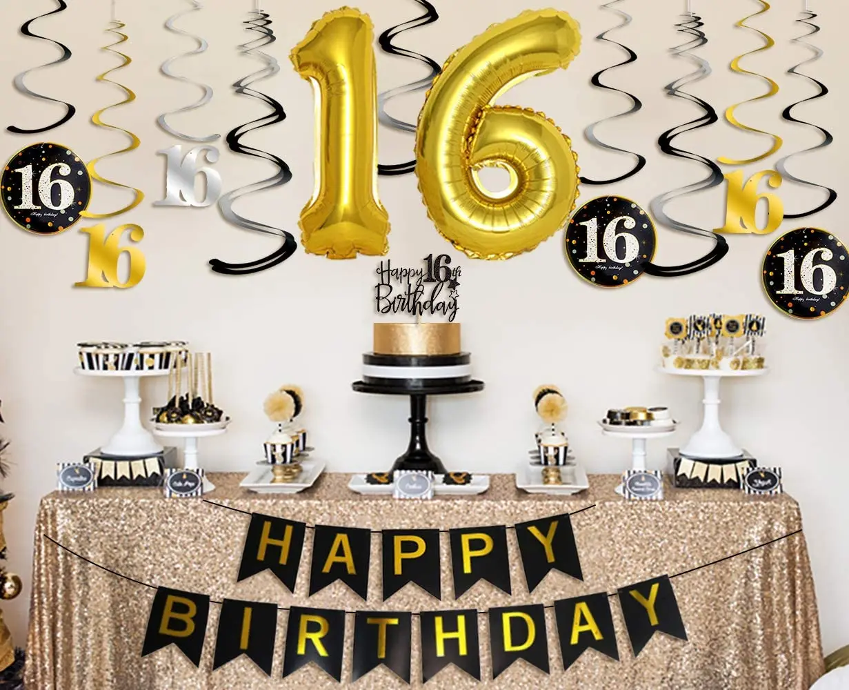 

16th Birthday Party Decorations for Boys Girls with Happy 16 Birthday Banner Cake Topper Number 16 Foil Balloon Hanging Swirls