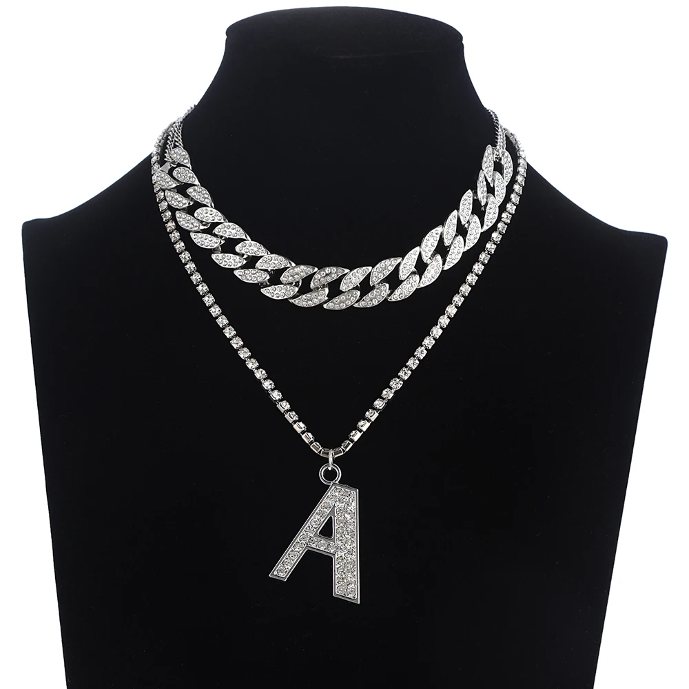 

26 Alphabet Initial Necklace Women Men Cuban Link Chain Choker Rhinestone Letter Necklace Name Jewelry