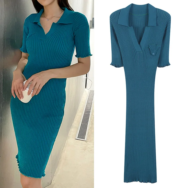 

Женское трикотажное платье-футляр, однотонное синее облегающее эластичное платье-свитер в рубчик, Повседневная модная винтажная одежда в К...