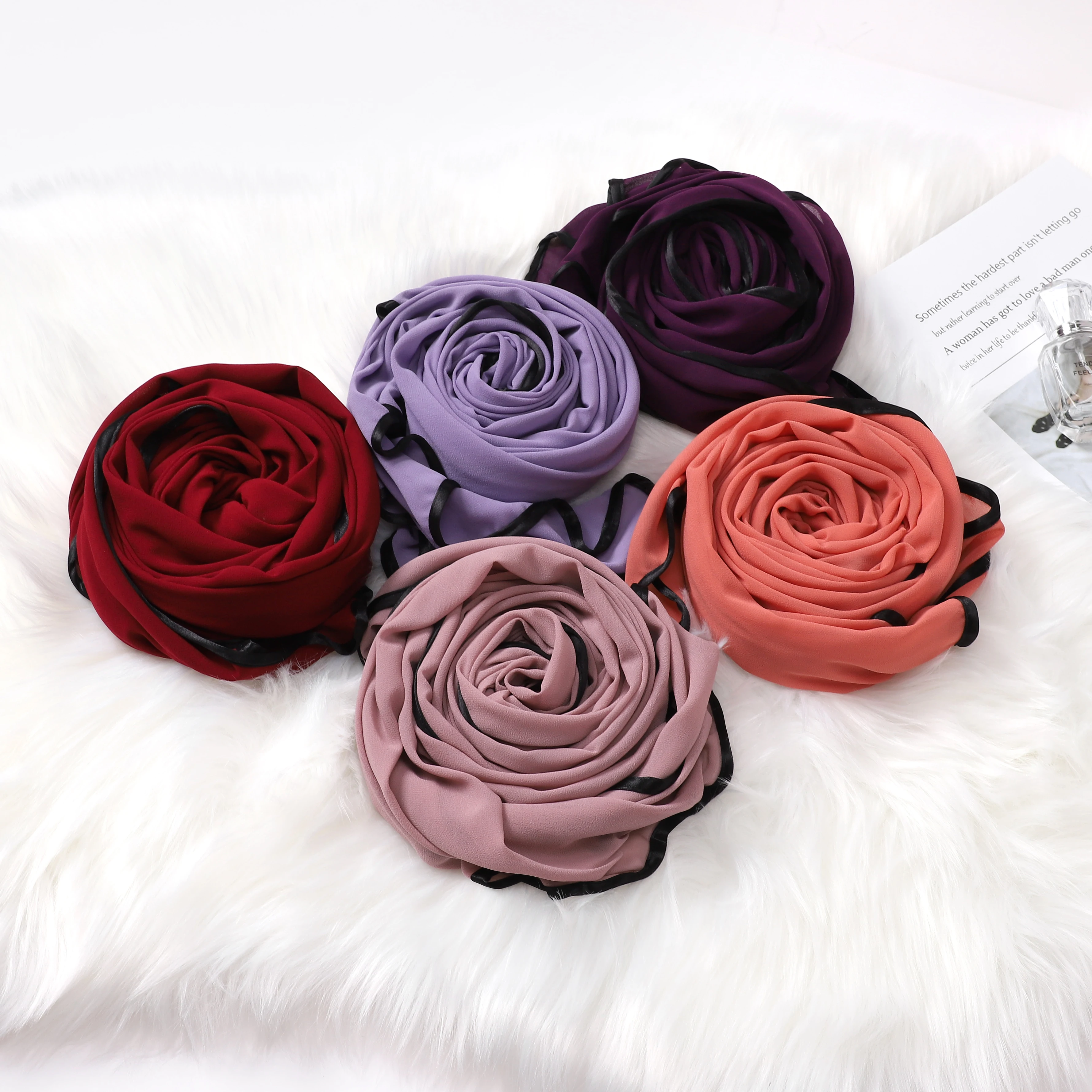 

1 Pcs Bubble Chiffon Plain Scarf High Quality Women Muslim Hijab Shawl Wrap Black Satin Edges Sewing 20 Color