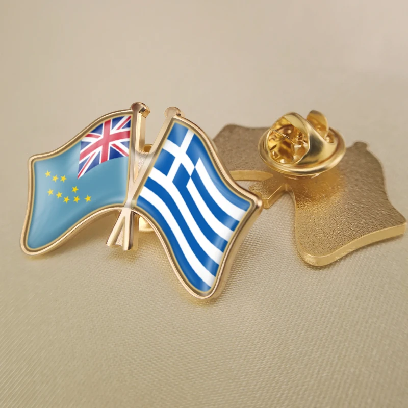 

Tuvalu and Greece Crossed Double Friendship Flags Lapel Pins Brooch Badges