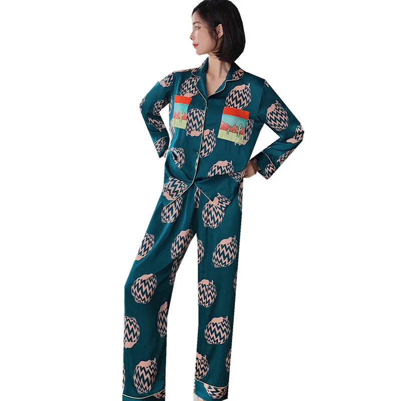

Spring and autumn fashion cardigan long sleeve ice thin pajamas women's trend pineapple print skin friendly and smooth home wear