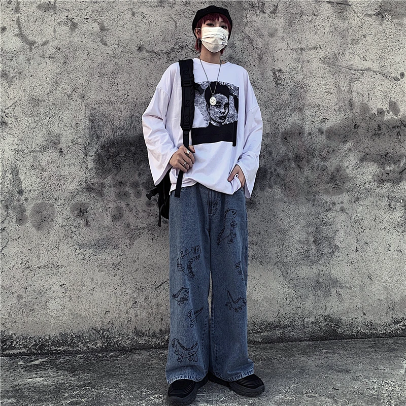 Джинсы женские с принтом динозавра милые свободные штаны завышенной талией