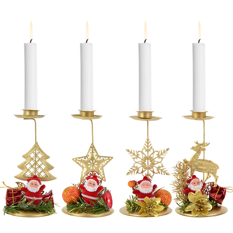 

1Pc Christmas Santa Claus Snowflake Star Tree Elk Golden Candlestick Candle Holder For Xmas New Year Party Table Decoration