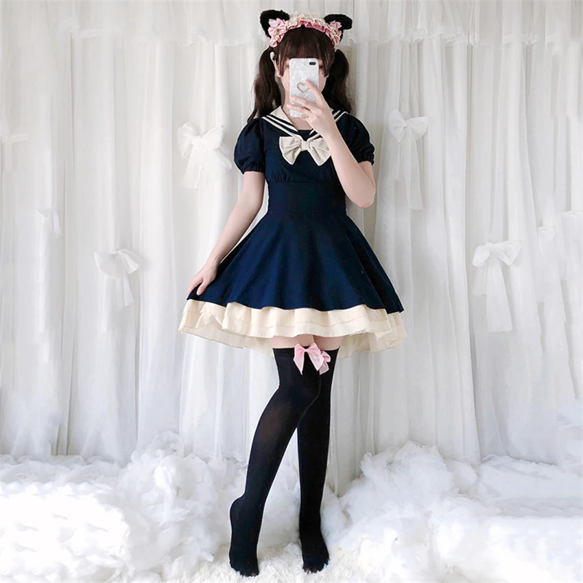 

Japanese Style Kawaii Girls Lolita Dresses Pleated Ruffles Bow Knot Women Dress Anime Patchwork Short Sleeve Solid Sailor Suits