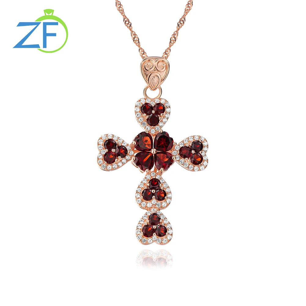 

GZ ZONGFA Fashion Heart Natural Garnet Black Spinel Cross Pendant Necklace Fine Jewelry 925 Silver Necklace