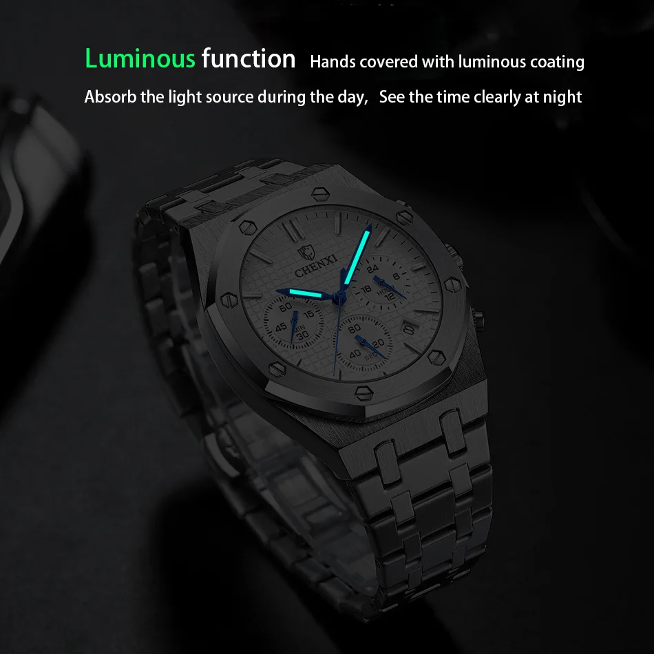 

Chronograph Watches Men Silver Stainless Steel Waterproof Multi Function Auto Date Business Casual Sport Male Wristwatch Gift