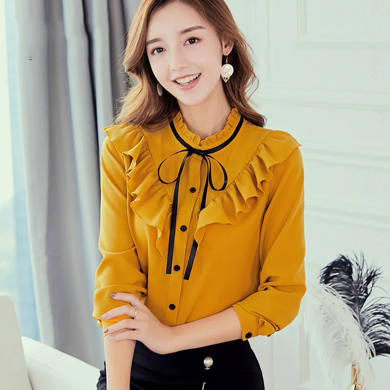 Autumn 2019 Women White Shirt Long Sleeve Korean Ruffles Clothing Streetwear Slim Chiffon Blouse Elegant Tops |