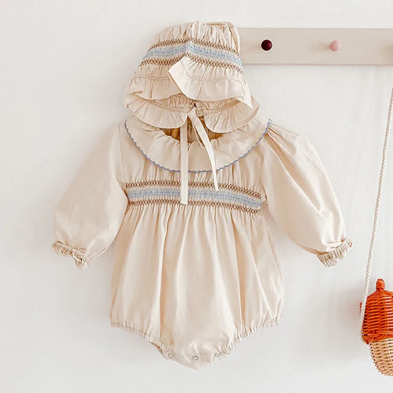 

Комбинезоны для новорожденных девочек, одежда сезона осень 2020, детские комбинезоны с воротником в виде листьев лотоса + шапочка, вязаные дет...