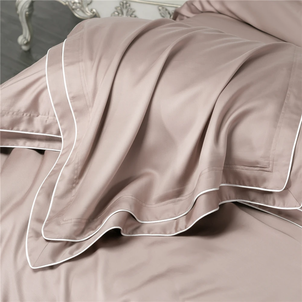 Goedkoop Champagne Mode Dubbele Lijnen Ontwerp 4 Stuks Beddengoed Sets Tencel Lyocell Super Zijdezacht Kussensloop Dekbedovertrek Laken