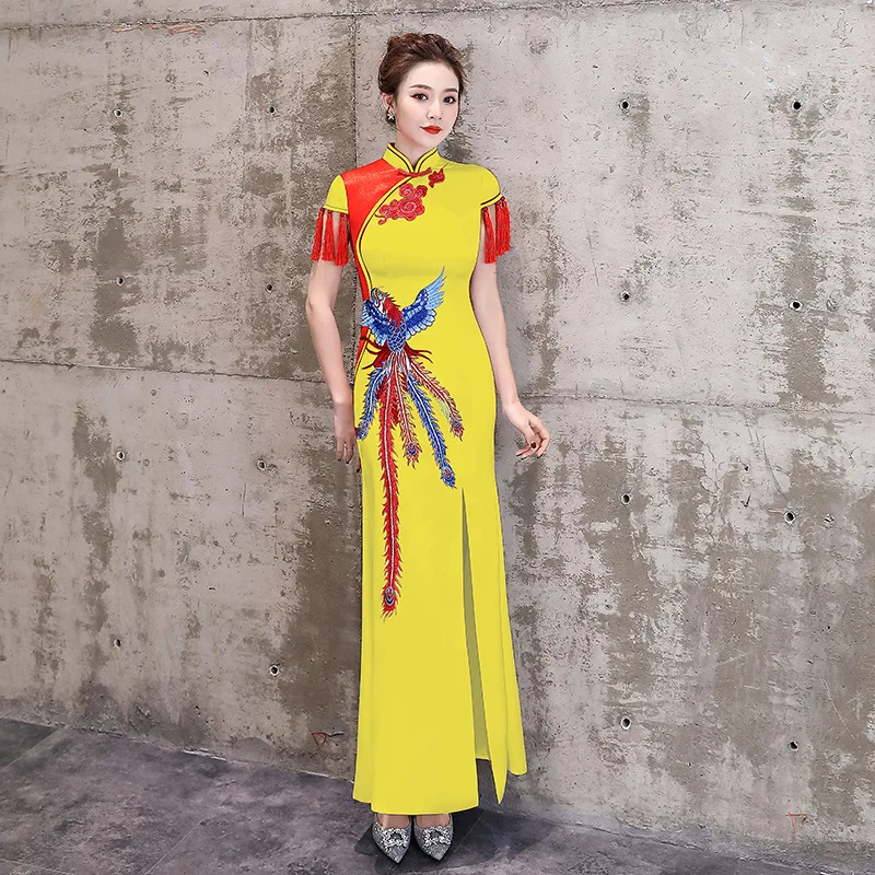 

Embroidery Phoenix WomenTassel Short Sleeve Cheongsam Skirt Elegant Vintage Qipao Plus Size 4XL Satin Chinese Dresses Vestidos