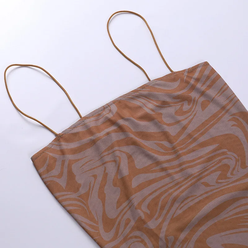 

Viifaa Sexy Streetwear Women Slip Dress See-Through Mesh Print Clubwear Spaghetti Strap Summer Bodycon Mini Dresses