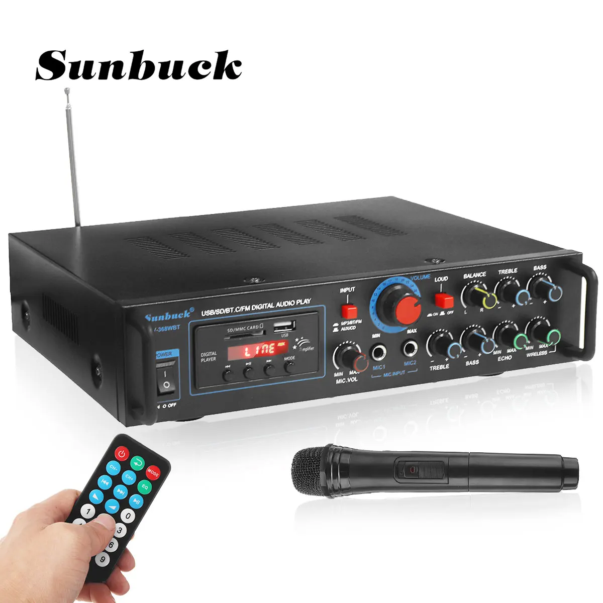 

SUNBUCK Stereo Audio Power HiFi Amplifier 110V/220V DC12V Bluetooth Karae amplifier + Wireless microphone suitable for Party