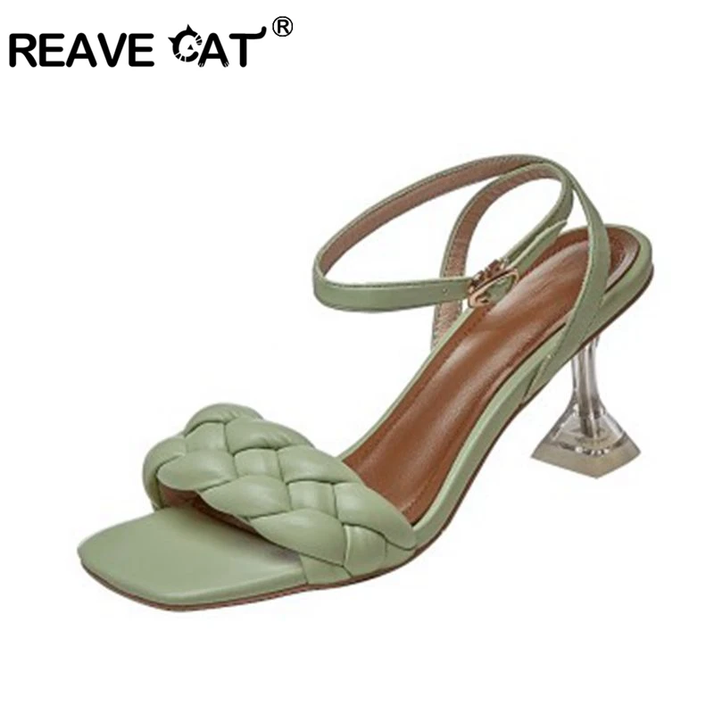 

REAVE CAT Genuine Leather Women Sandals Buckles Braided Fashion High Heels Newest Wedding Dancing Party Shoes Size 34-43 B2602