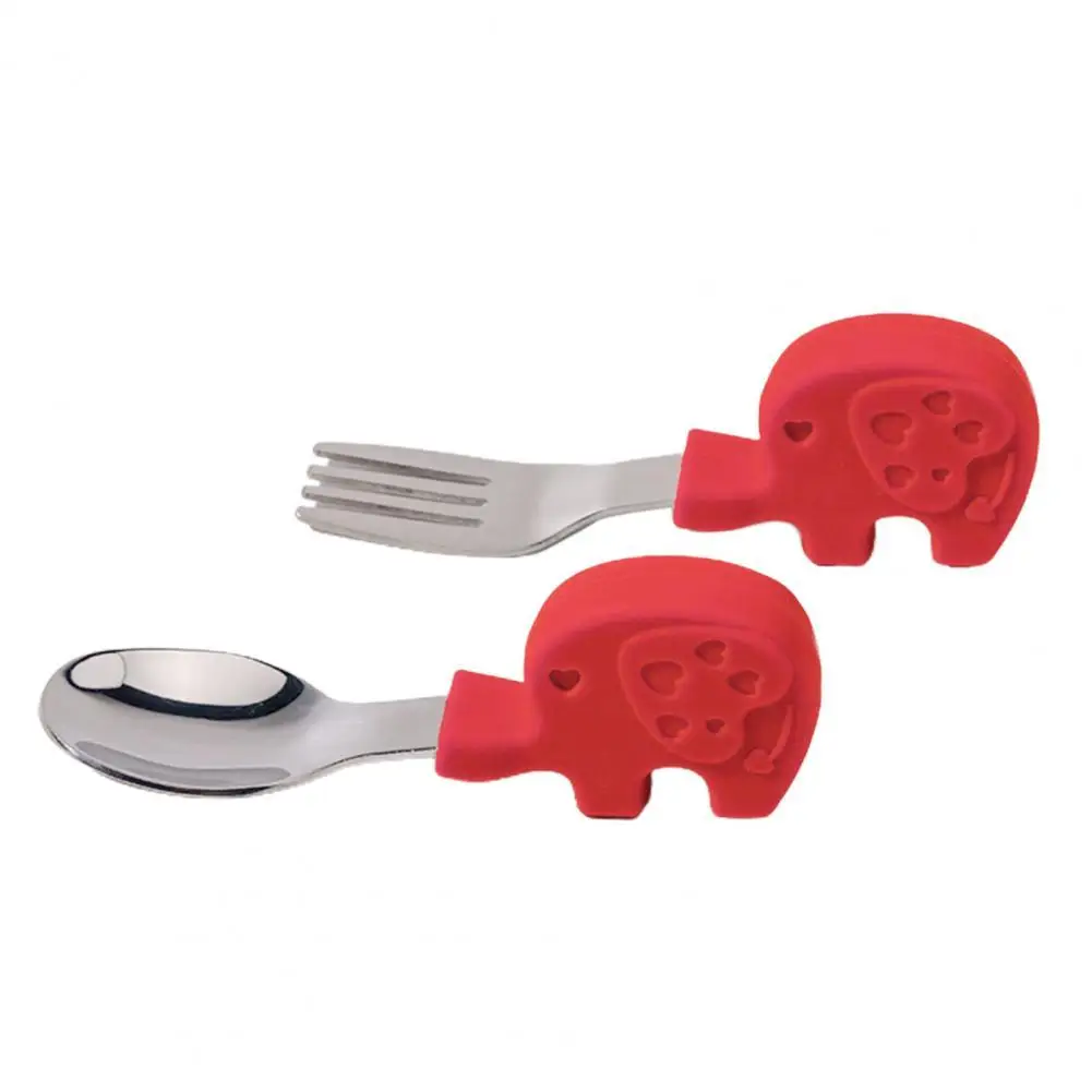 

Baby Training Silicone Short Fork Spoon Stainless Steel Handle Tableware Set