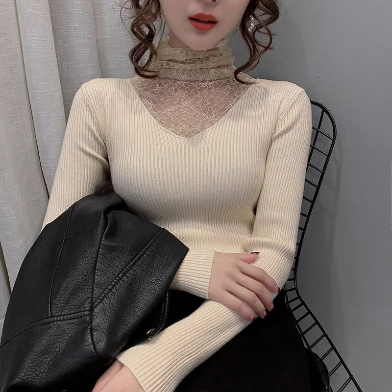 

Plush / no plush pile collar with slim lace knit bottomed shirt women's autumn and winter turtleneck sweater women's top