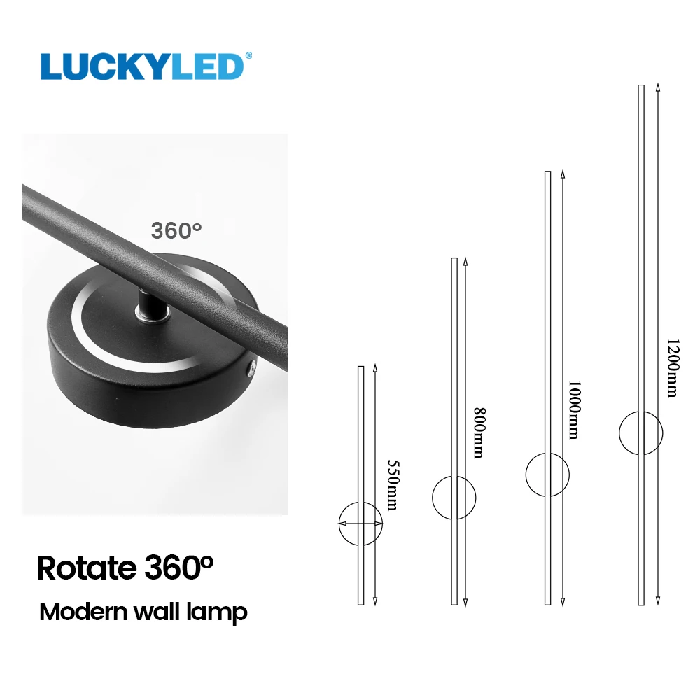 LUCKYLED Simple Led Wall Light Indoor Black White 360° Rotatable Wall Lamp for Living Room Bedroom Bedside Light Wall Sconce images - 6
