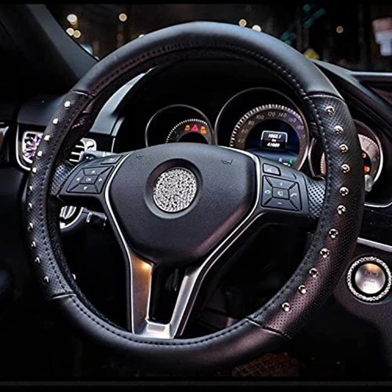 

Car Steering Wheel Cover with Decorative Rivet for Vehicles SUV, Breathable, Anti-Slip,Universal 15 Inch