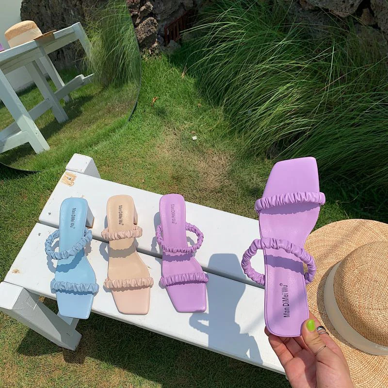 

2021 Women's Pleated High Heels Fashion Slippers Female Solid Elegant Casual Shoes Ladies Summer Square Toe Comfortable Footwear