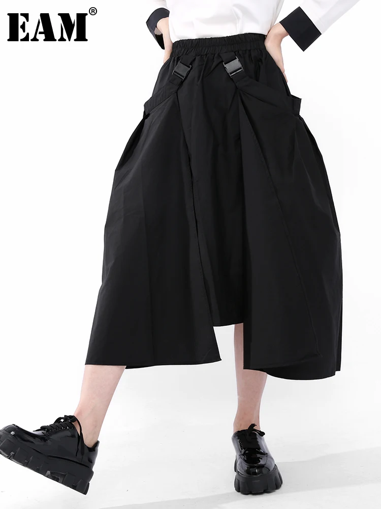 

[EAM] High Elastic Waist Black Buckle Irregular Design Half-body Skirt Women Fashion Tide New Spring Autumn 2021 1DA10801