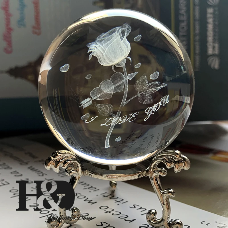 H&D 60 мм 3D шар лазерный хрустальный шар с гравировкой стекло художественное ремесло миниатюрная Сфера домашний Декор Аксессуары Рождественский подарок металлическая подставка