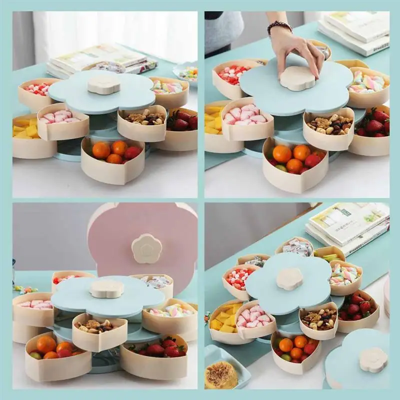 

Creative Flower Type Rotating Candy Box Plastic Snack Storage Tray Family Snacks Partition Manager Box Party Wedding Candy Tray