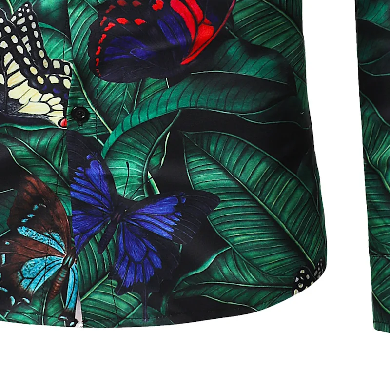 

Butterfly Printed Men Shirt Fashion 3D Men Long Sleeve White Collar Patchwork Mens Dress Shirts Casual Slim Fit Chemise Homme