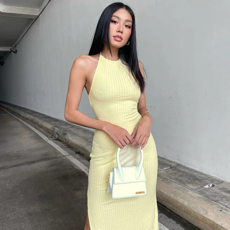 

Zoctuo Solid Stripe Knitted Women Sleeveless Halter Midi Dress Side Slit Backless Lace Up Party Elegant 2021 Autumn Winter Club