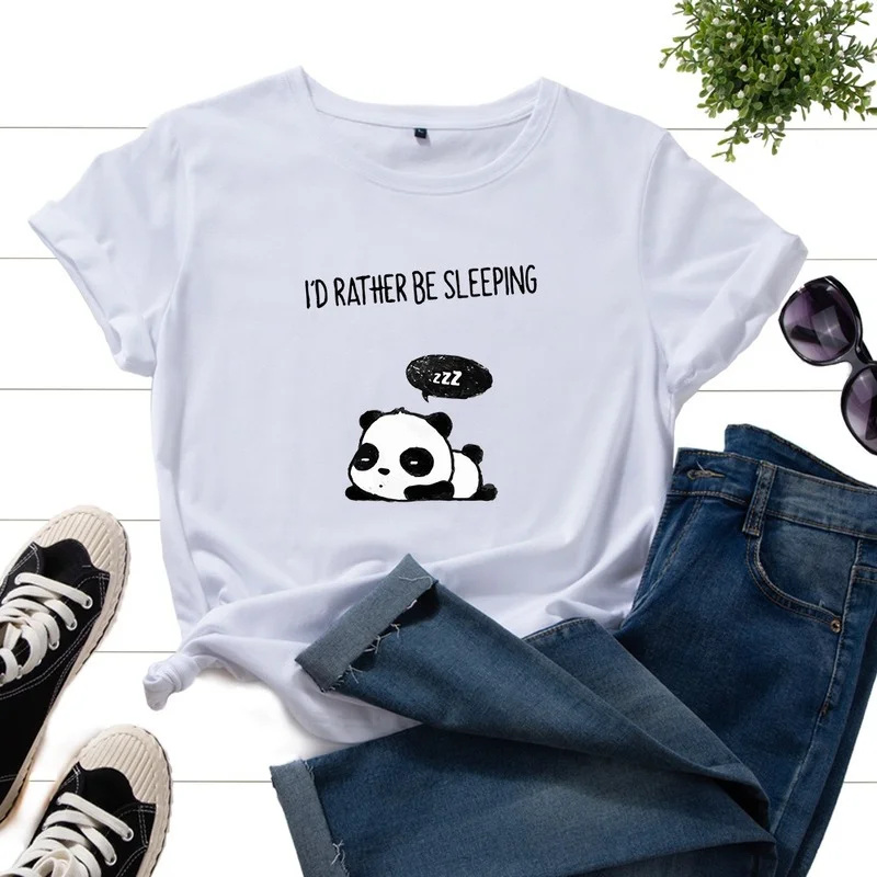 

Female Summer Fashion Short Sleeve T-shirt Panda Letter Print Women Casual Streetwear Ladies Regular Daily Loose O-Neck Tee Tops