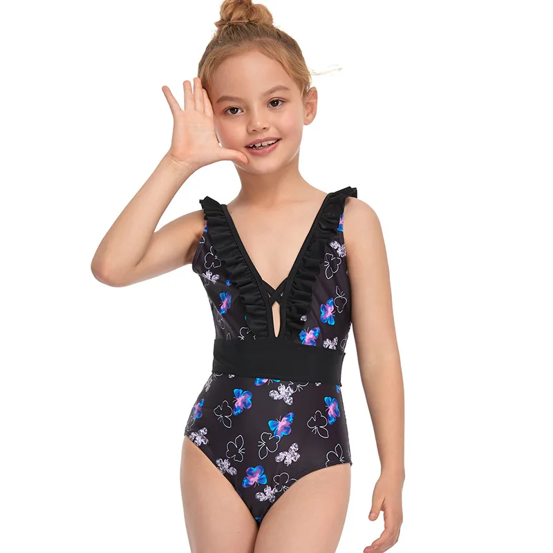 

Новинка 2021, летний купальник для маленьких девочек с принтом бабочки, детская дизайнерская летняя одежда с оборками и высокой талией, одежд...