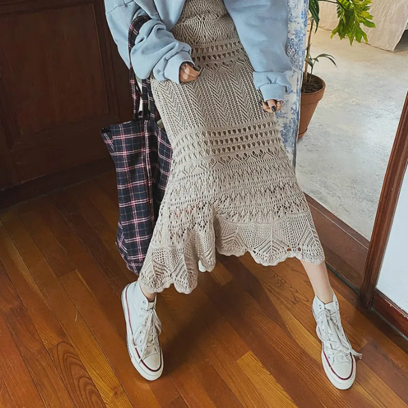 

Elastic High Waist Long Knitted Skirt Women Summer Sexy Hollow Out Wrap Hip Midi Skirts