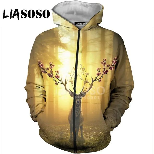 

LIASOSO 3D Print Men Women Funny Deer Elk Antlers Hoodies Sweatshirt Zipper Jacket Casual Coat Hip Hop Streetwear Men Clothing