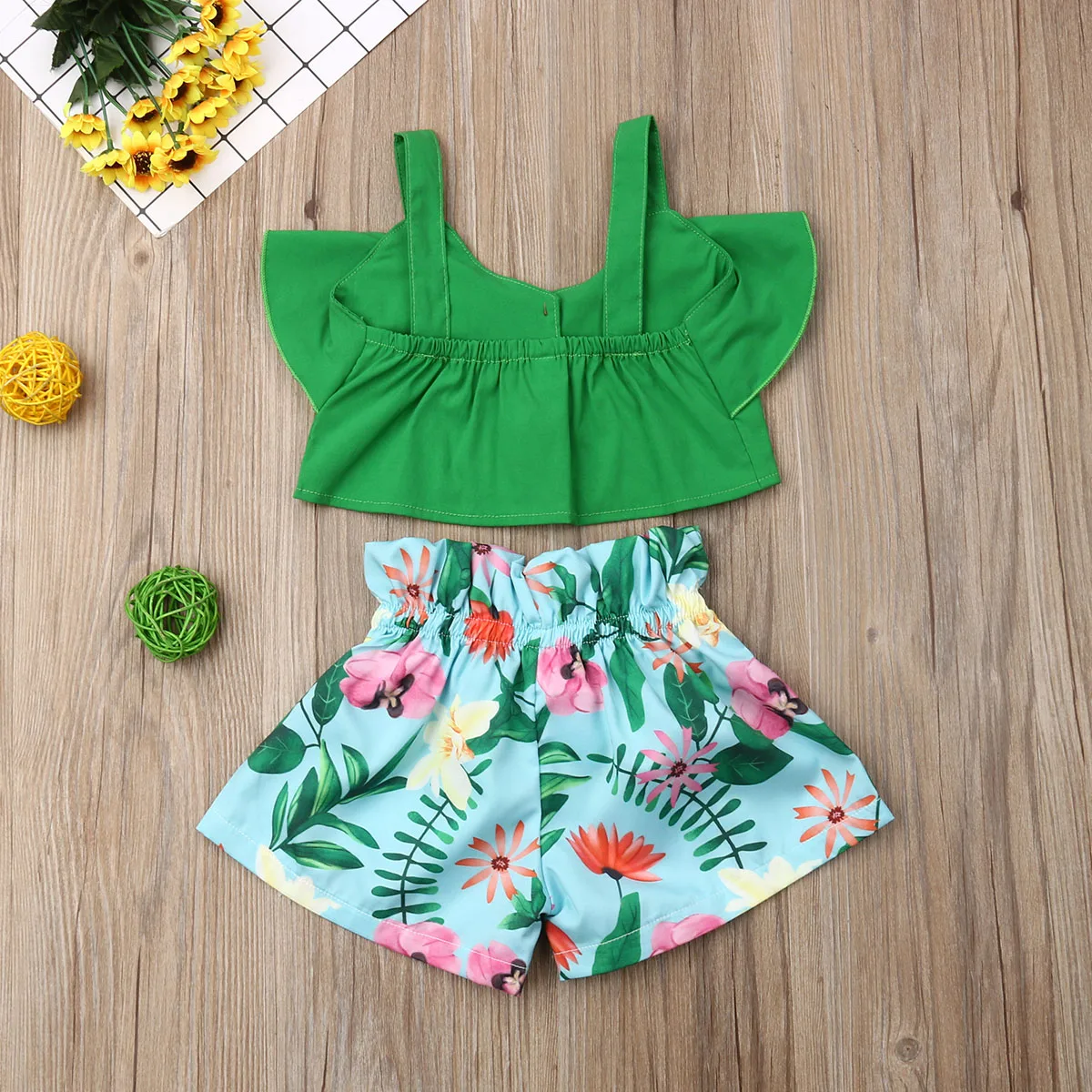 Emmababy Brand Toddler Baby Girls Floral Vest Falbala Sleeveless Off Shoulder Crop Tops Printed Shorts Outfits Clothes | Детская одежда