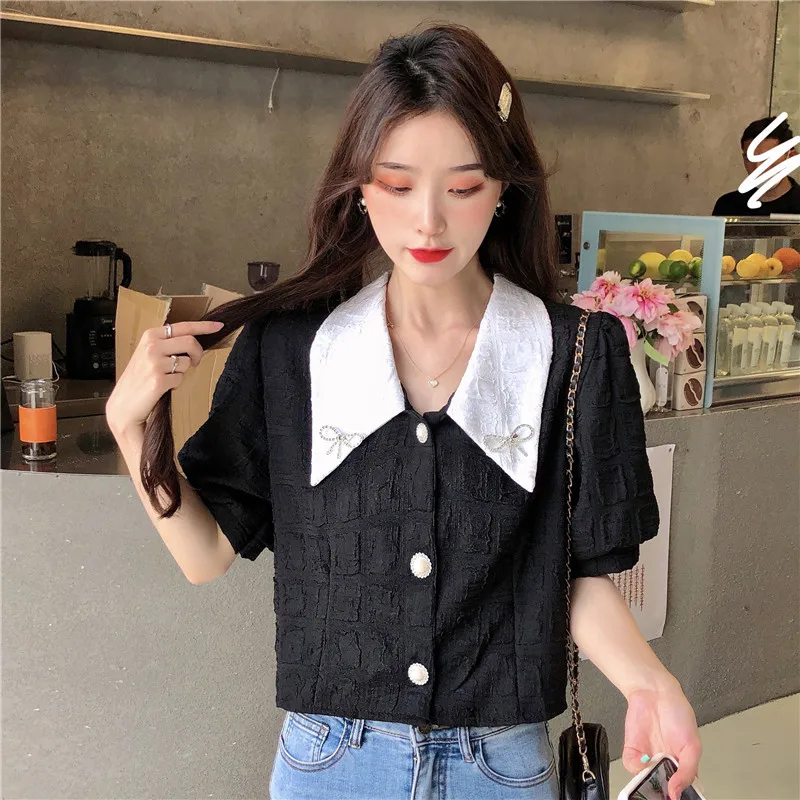 

Sweet Bow Peter Pan Collar Puffs Sleeve Shirt Women's 2021 Summer Elegant Chic Single Breasted Crop Tops French Vintage Street