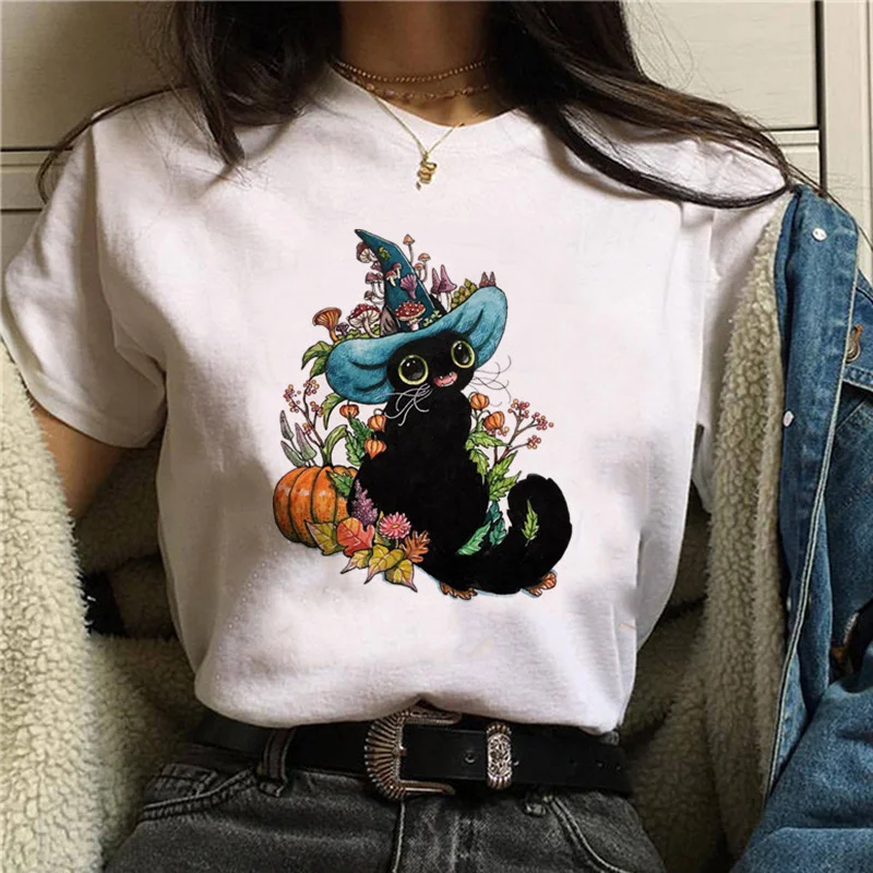 Women Cute Cat Print Harajuku Tshirt Punk Hip Hop Girl Top T-shirt O-collar Short Sleeve T-shirt Hipster Graphic T Shirt