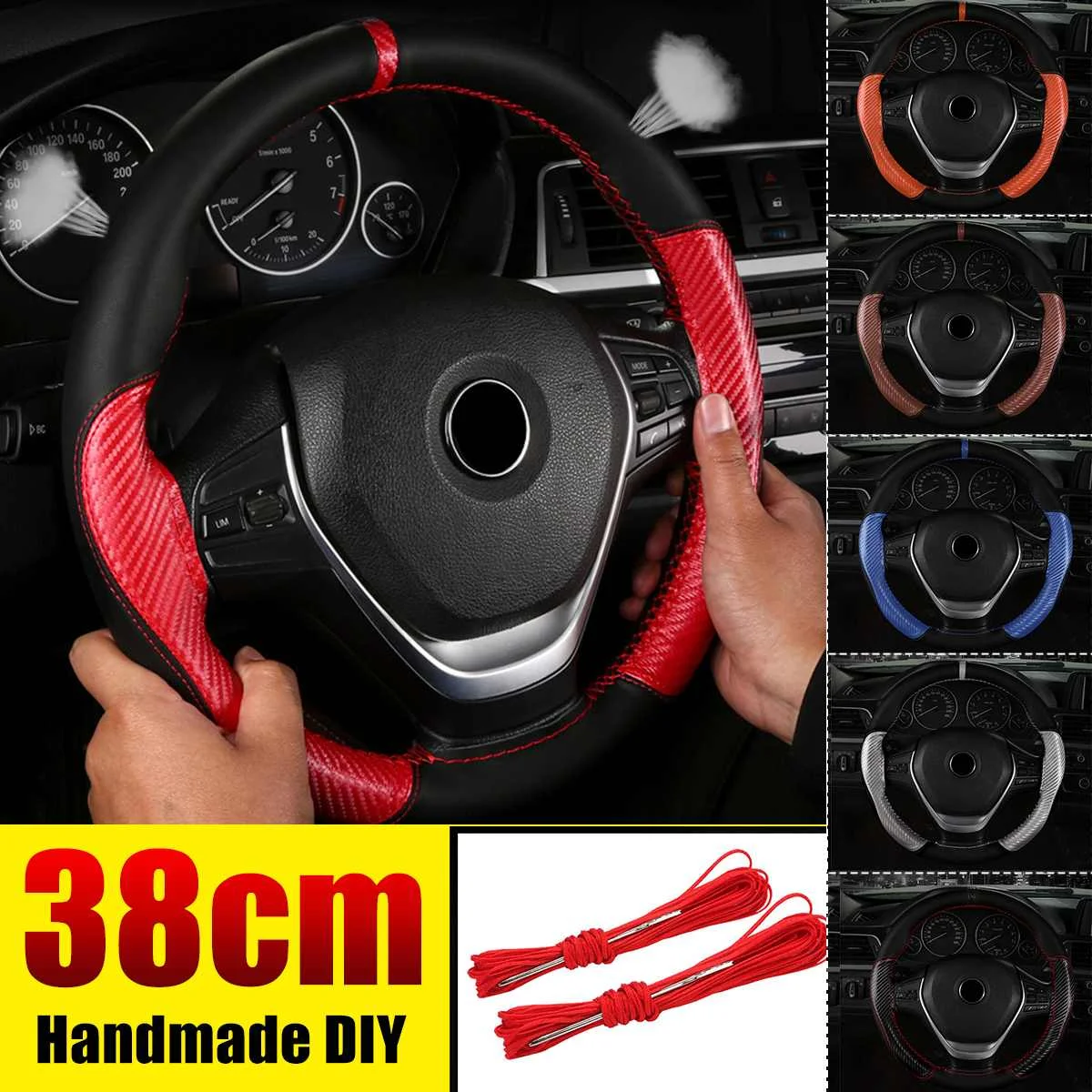 

Разноцветный чехол на руль автомобиля из микрофибры, кожи из углеродного волокна, 38 см, нескользящий мягкий простой чехол «сделай сам» для а...