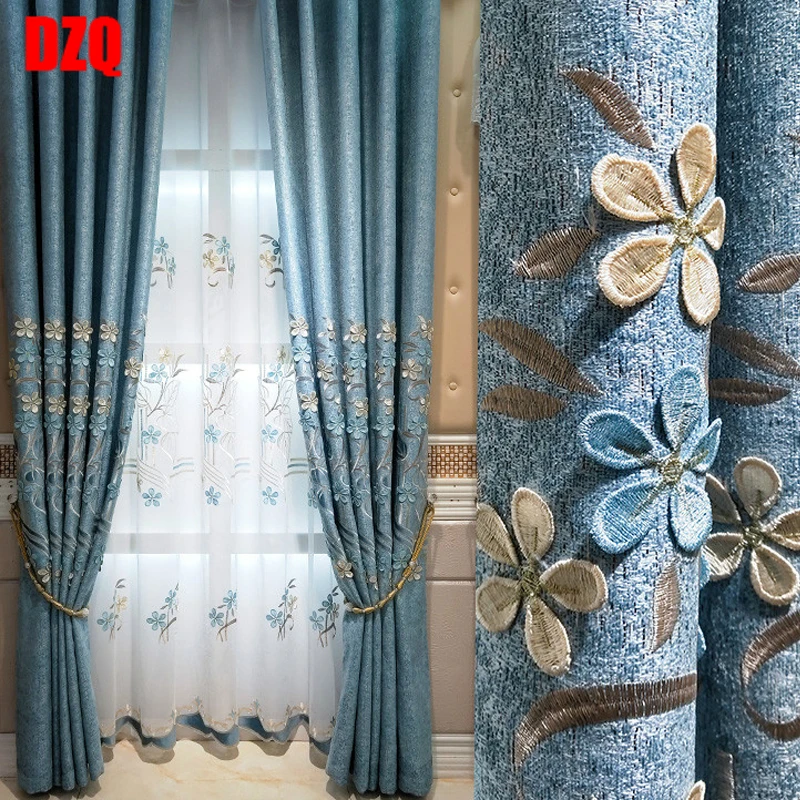 

European Semi Blackout Curtains for Living Room Bedroom Blue Curtain Floral Embroidery Tulle Thick Chenille Blinds Girls Drapes