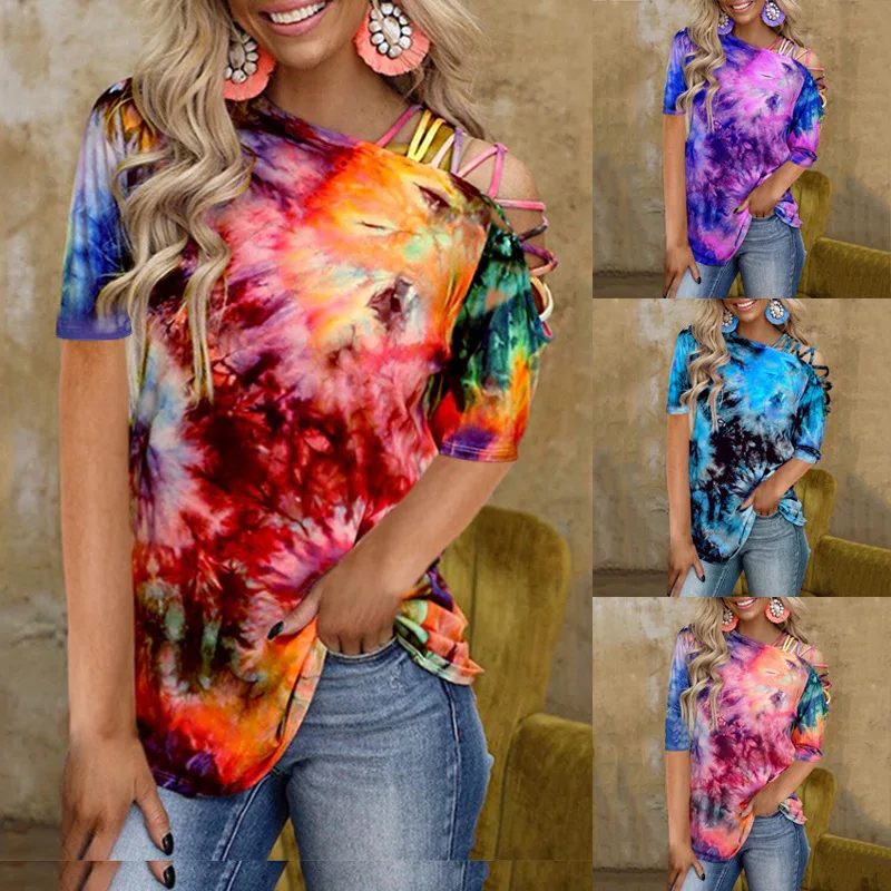 

T Shirt Women 2022 Fashion Summer Girls Ladies Tie Dyed Printed Half Sleeve Off Shoulder Diagonal Collar Sexy Casual Loose Tops