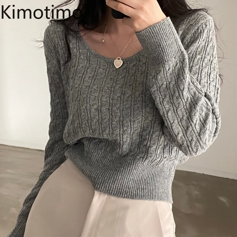 

Kimotimo Cropped Sweater Women Korean Ins Temperament O-neck Solid Pullover Autumn New Long Sleeve All-match Twist Knit Sweaters