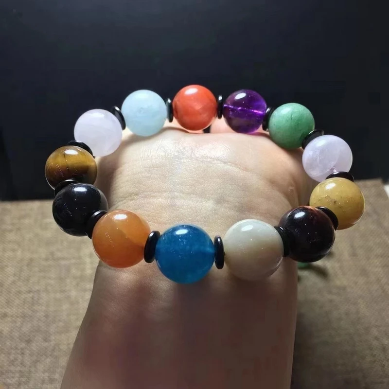 

10mm 12mm Natural Rainbow Different Mixed Stone Chalcedony Aquamarine Amazonite Rose Quartz Agate Round Beads Bracelet AAAAA
