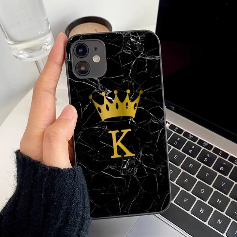

Custom name Letter Monogram Black Marble crown Phone Case for iPhone 8 7 6S Plus X 5S SE 2020 XR 11 12 mini pro XS MAX