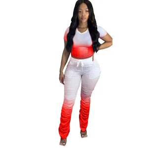 JRRY Для женщин костюмы Двойка комплект короткий рукав топ длинные расклешенные брюки Комплект из 2 предметов гофрированные спортивные костюмы с рисунком теплая одежда для улицы