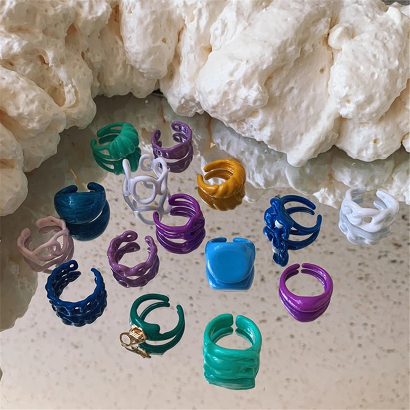 

Женские Геометрические Открытые Кольца AOMU, яркие эмалевые кольца неправильной геометрической формы с ручной росписью, ювелирные изделия в ...