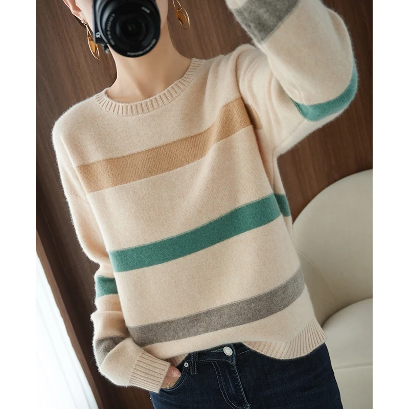 

Stripe Sweater Women 2021 Color Matching Knitted Long Sleeve Round Neck Ladies Sweater 100% Wool Cashmere Clothing Length Style