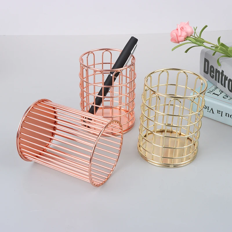 INS Desktop Pen Holder Office School Storage Case Metal Gold Rose Gold Box Desk Pen Pencil Organizer Home Decor Makeup Storage