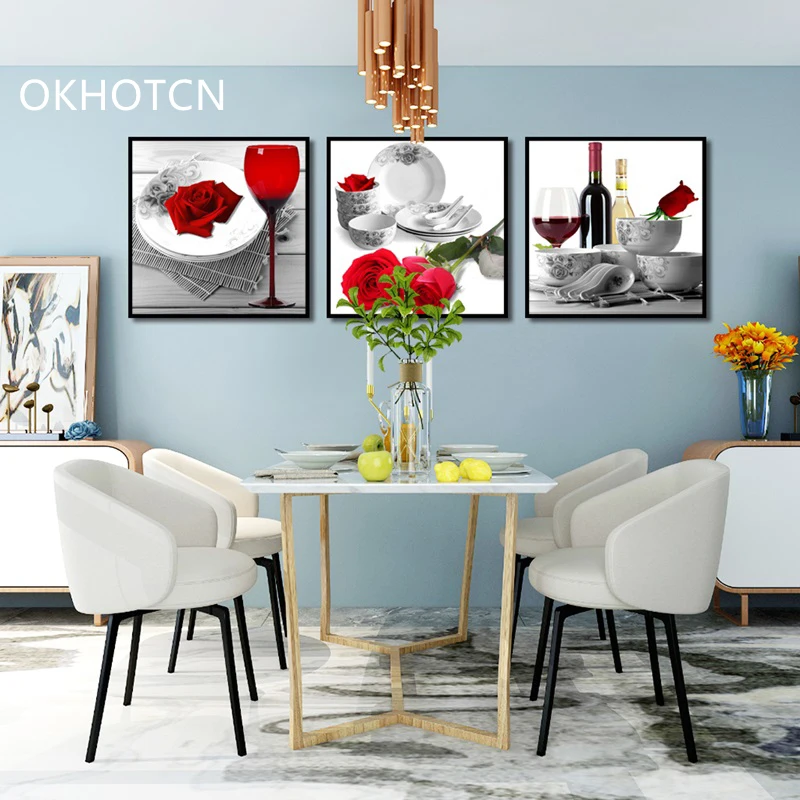 Classic Red Flower Wine Prints Home Decor Nordic Canvas Painting Wall Art Picture Living Room |