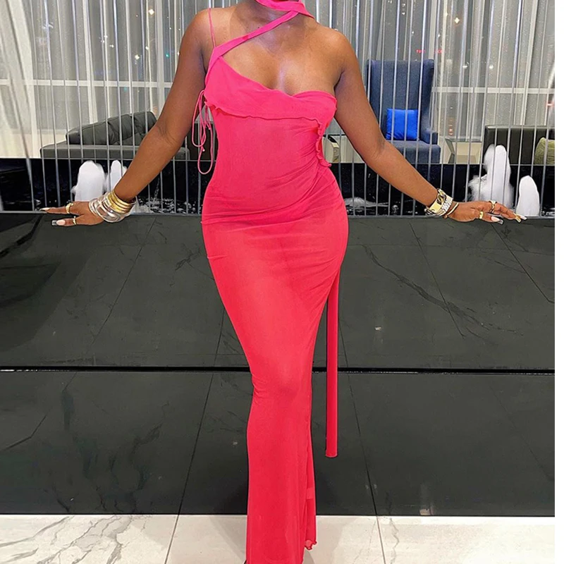 

Gauze See Through Maxi Dress Women Sexy Elegant Slip Halter Dress Female 2022 Fashion Nightclub Clothes Party