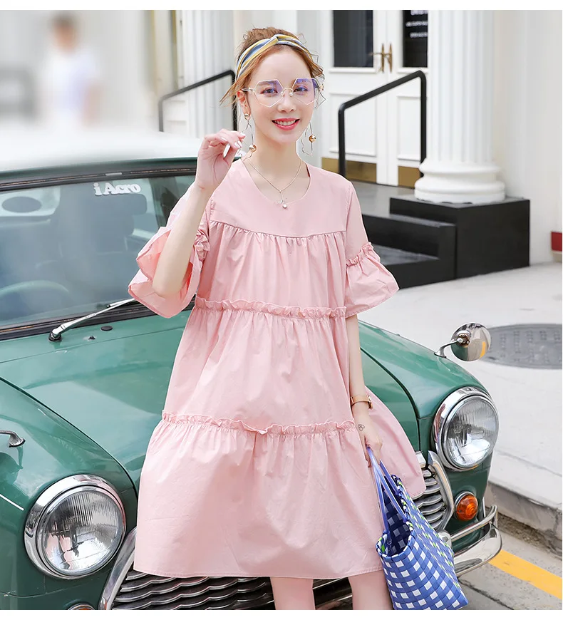 Maternity Summer New Korean Loose Cotton Fungus Round Neck Short Sleeve Mid-length Solid Color Dress | Мать и ребенок